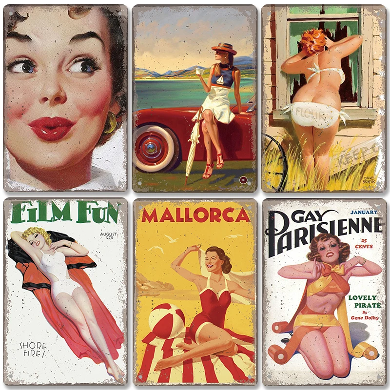 Pin Up Girls Summer Holiday Poster Vintage Metal Tin Signs Island Vacation Metal Plaque Wall Decor for Surfing Club Bar Pub Home