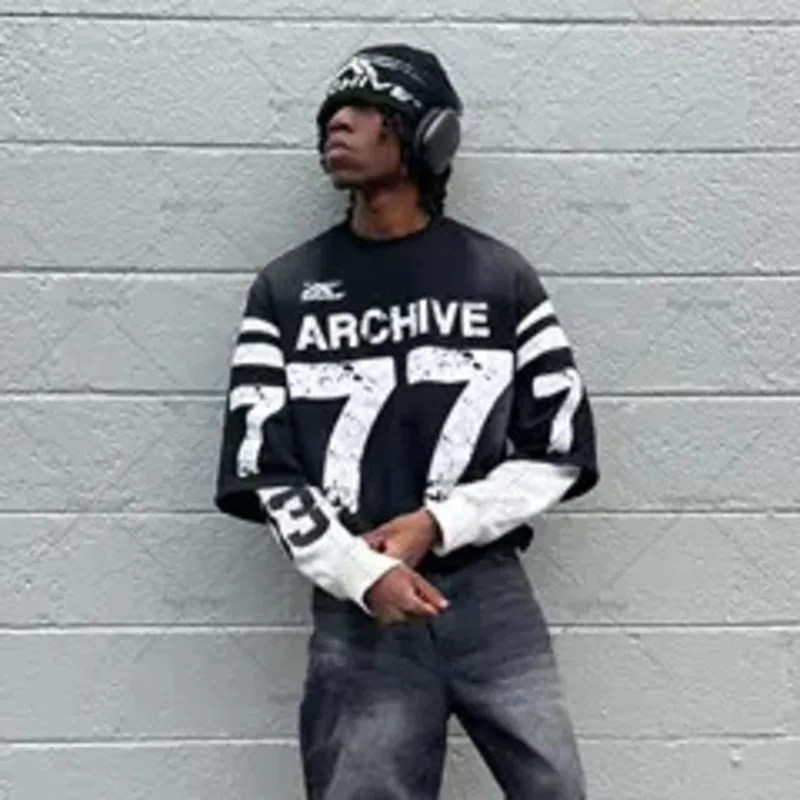 Men American Style Vintage Versatile Gothic Pullover 2024 New Harajuku Y2k Hip Hop Letter Print Breathable Patchwork Sweatshirt