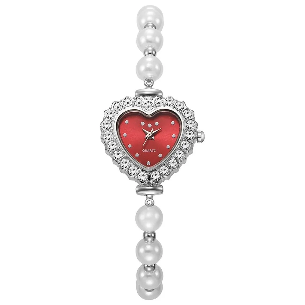 Heart-Shaped Dial Pearl Bracelet Watch Rhinestone Elastic Band Drawstring Bracelet Watch Leather Strap Simple