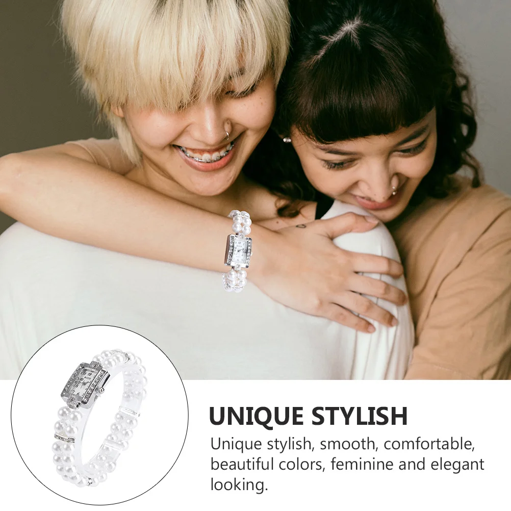 

2pcs Pearl Bracelet Watch Durable Elegant Plastic Fashion Quartz Women Wrist Casual Ladies Timepiece Classic Style