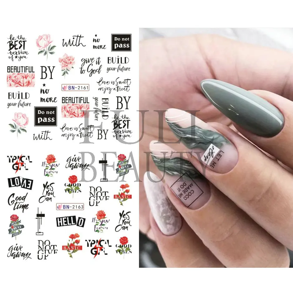 English Letter Line Water Stickers for Nails Rose Leaves Transfer Sliders Decals Leopard Print Manicure Decoration GLBN2161-2172