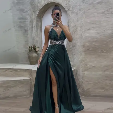 Sexy Evening Dress Satin Prom Dress Halter Neck High Slit Ball Gowns Sequin Appliques Elegant Robes Vestidos De Gala Customized