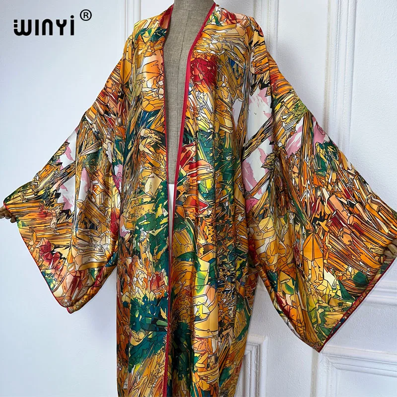 WINYI Kimono kobiety lato nowy nadruk sweter z długim rękawem bluzka damska luźna abaja narzutka plażowa sukienka boho impreza kaftan