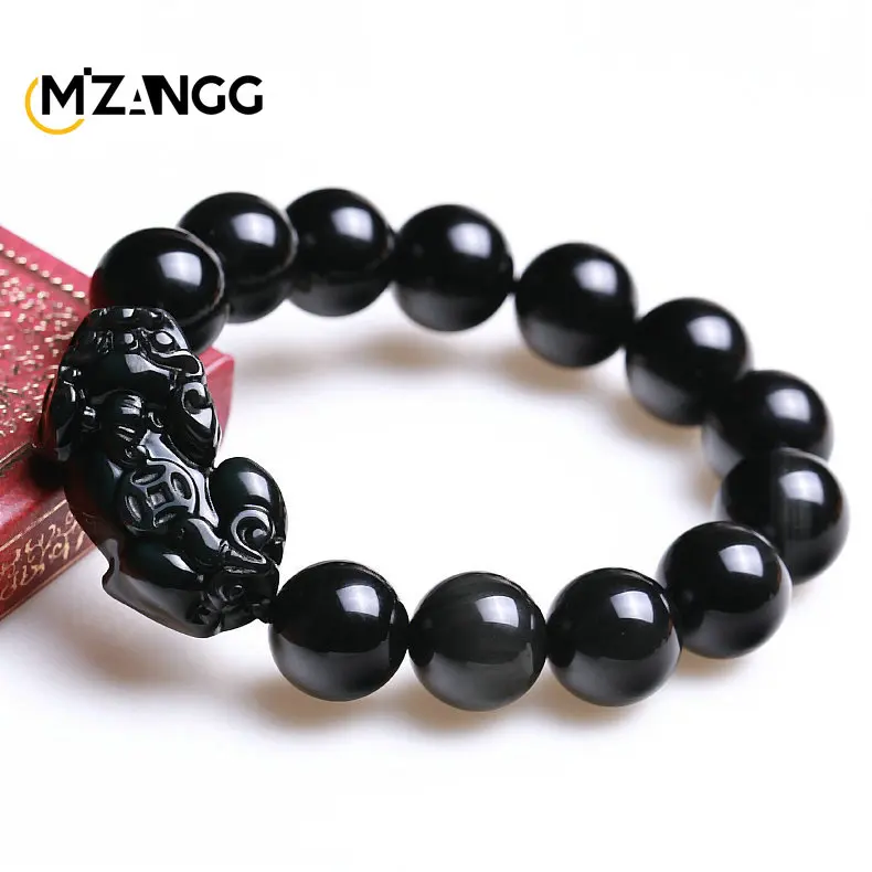 Hand-carved Obsidian PI Xiu Bracelet Personality 10-16M Obsidian Lucky Amulet Bracelet Men\'s and Women\'s Holiday Gifts
