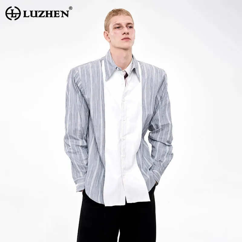 

LUZHEN Fashion Original Placket Patchwork Design Stripe Printed Shirts Men's 2025 Autumn Trendy Elegant Long Sleeve Tops JY4548