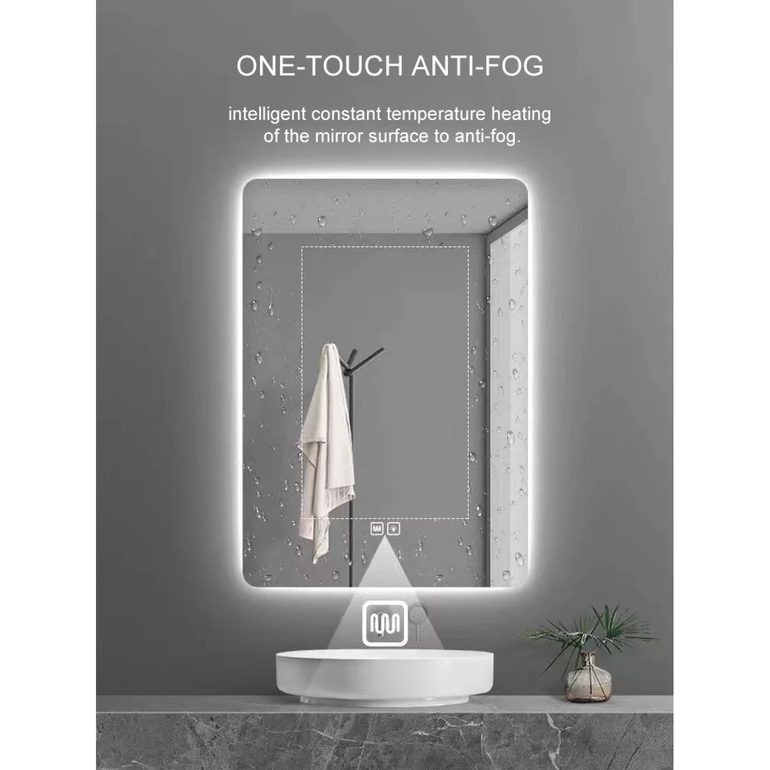 20*28 inch LED Vanity Smart Mirror with time and temperature display, equipped with defogging and gradient 3-color lighting.