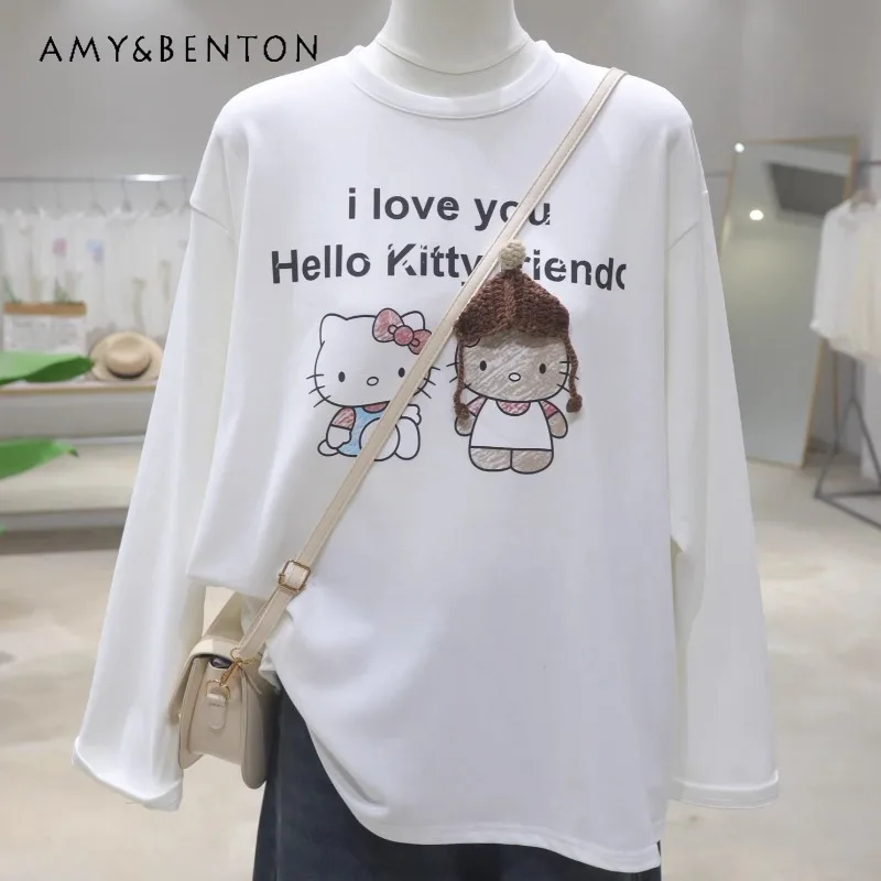 

Матовая возрастная вязаная шапка с рисунком, футболки с принтом, осенняя свободная утягивающая футболка из чистого хлопка с длинными рукавами, женская внутренняя одежда, топ