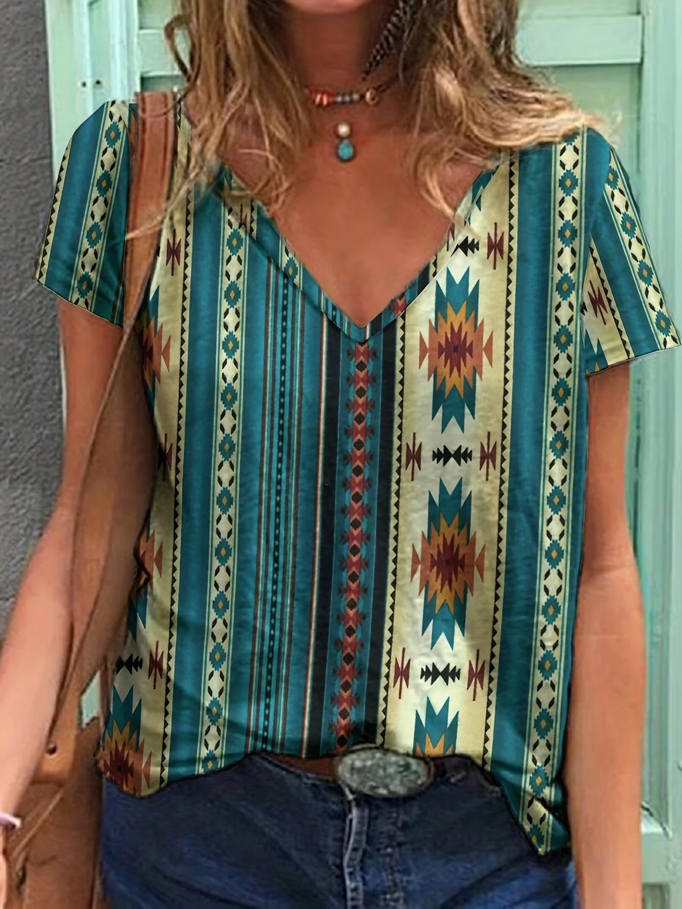 

Women's Western Style Retro Print Short Sleeve T-Shirt Casual V-Neck Short Sleeve Top