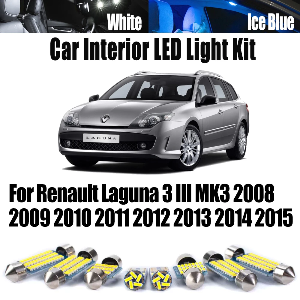 

Комплект из 12 светодиодных ламп Canbus для салона автомобиля (подсветка карты, потолка, багажника, зеркала) для Renault Laguna 3 III MK3 2008-2015