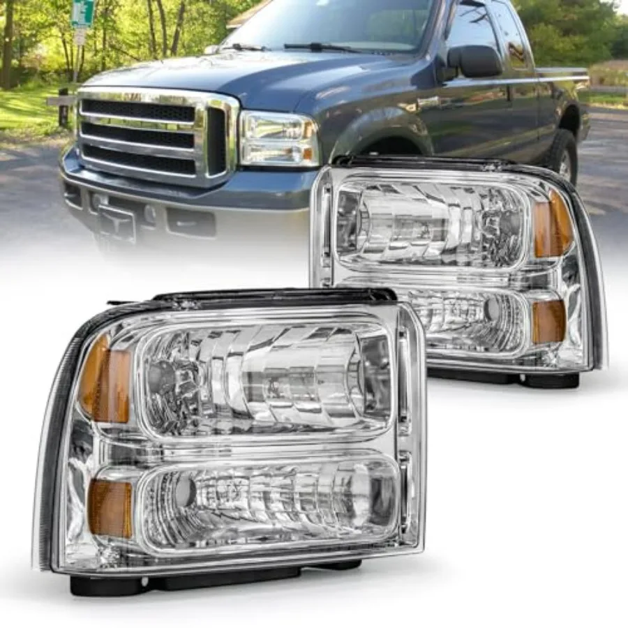 

Headlight Assembly Compatible with 2005 2006 2007 F250 F350 F450 F550 Passenger Driver Side Chrome Housing with Amber Reflecto