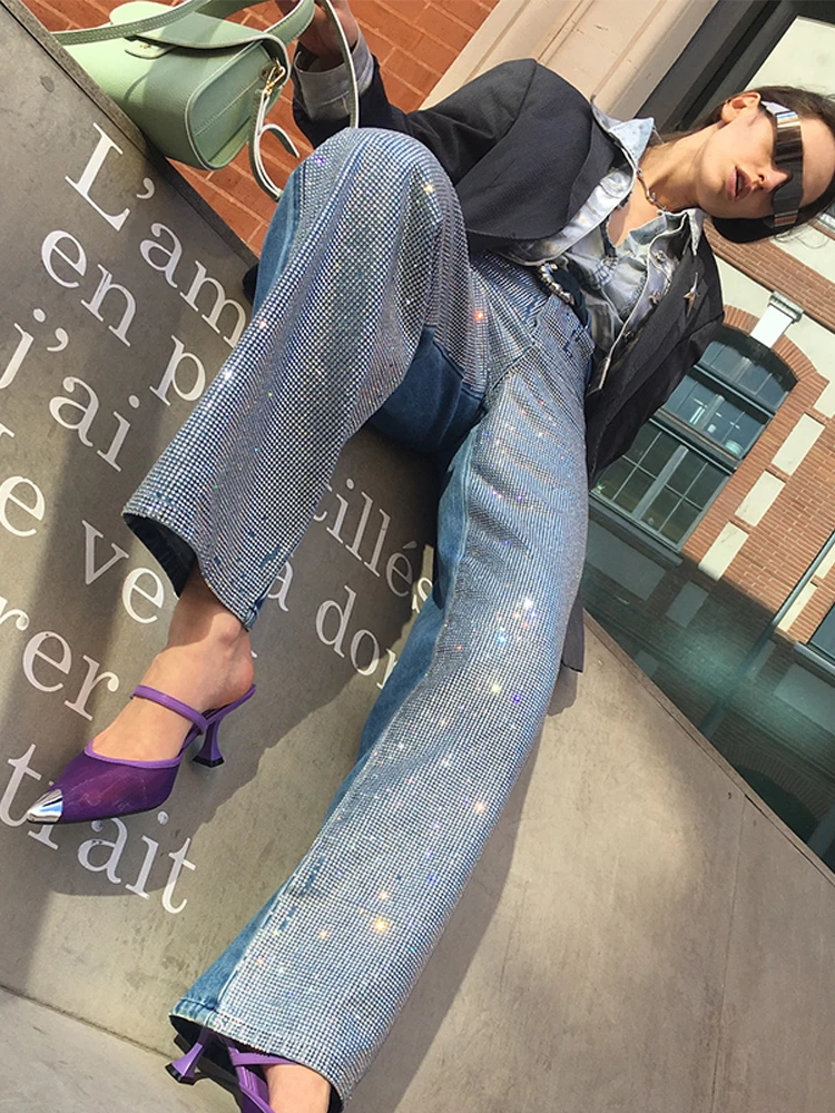 

Full Diamond Patchwork Contrast Women Denim Pants Straight Wide Leg Baggy Designer Splicing Lady Shinny Rhinestone Jeans Trouser