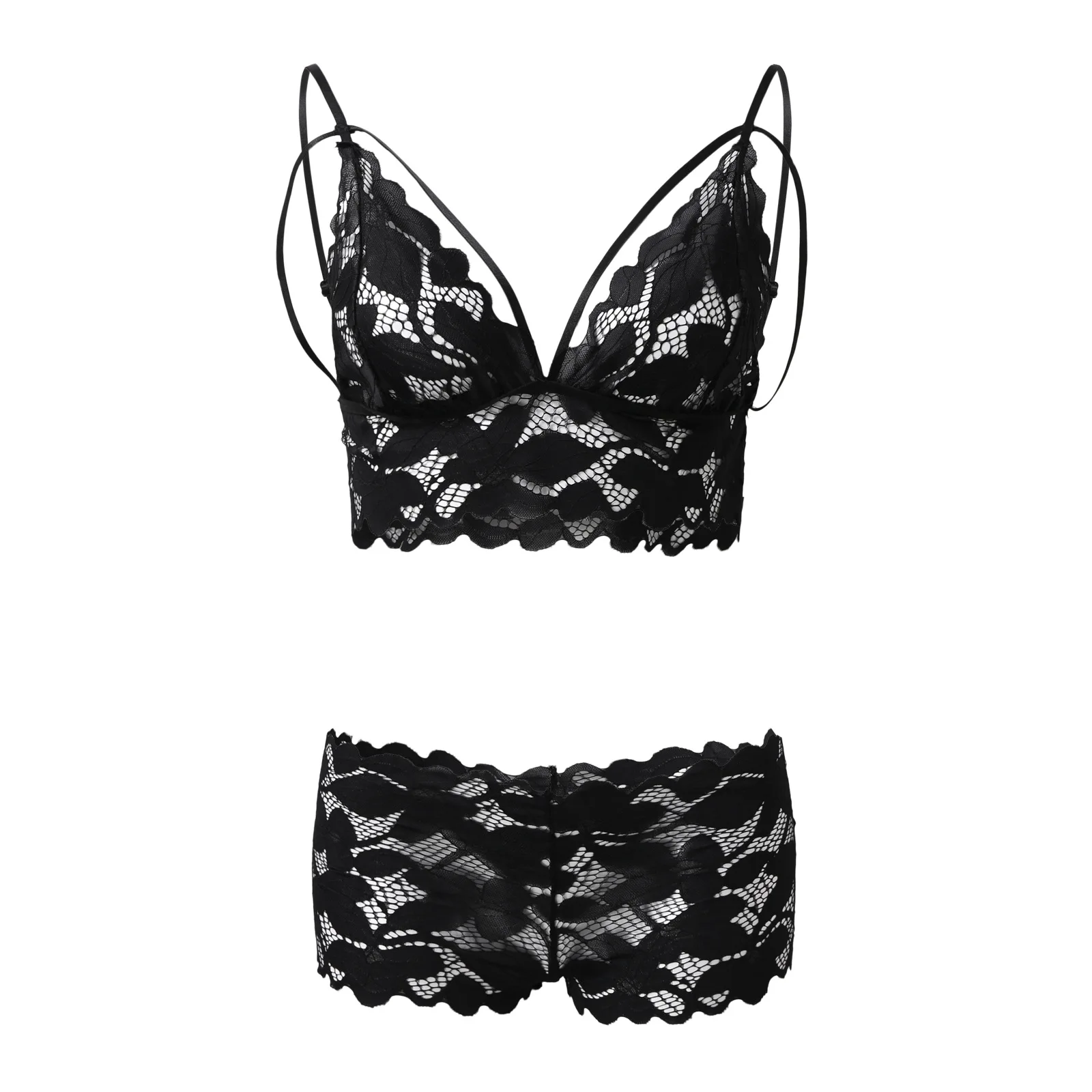 Women Strappy Floral Lace Lingerie Set V Neck Bra High Waist Panty Bow Sheer Mesh Intimate Sleep Honeymoon Bedroom Outfit view 5