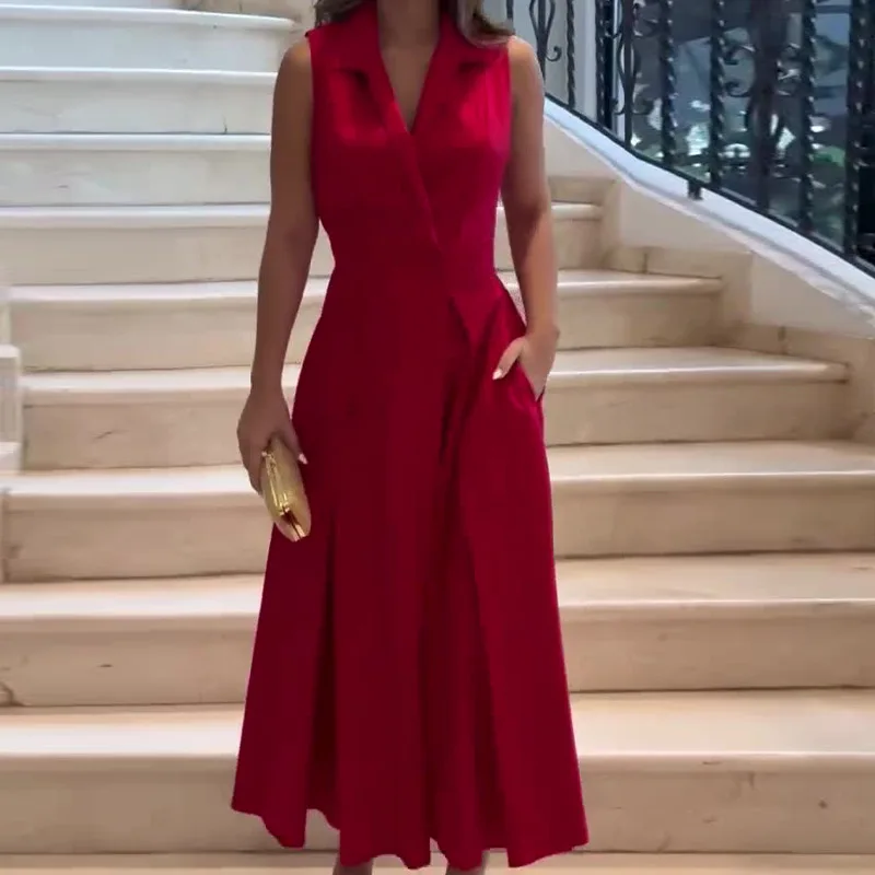 Solid Color Single Button Suit Dress Women Blazer Elegant Sleeveless Lapel Pleated Long Dress Spring Summer A-Line Maxi Dresses