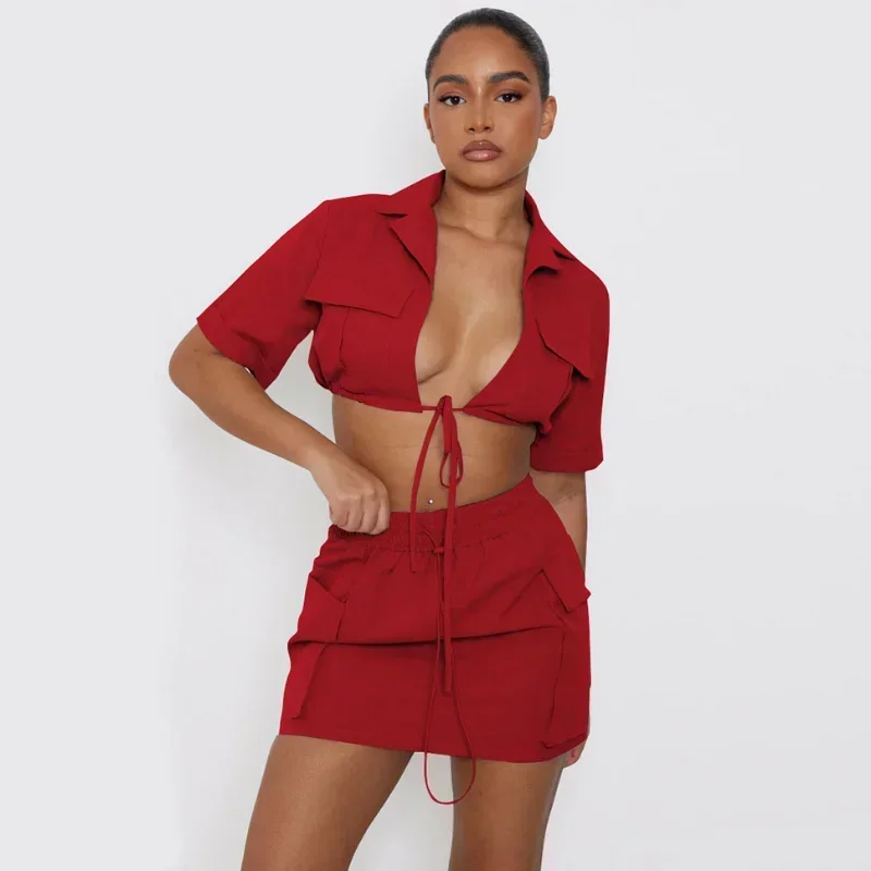 

GUWU Summer Fashion Safari Style Women Two Piece Outfits Short Sleeve Shirt and Pocket Side Mini Skirt Suit Sexy Dress Set