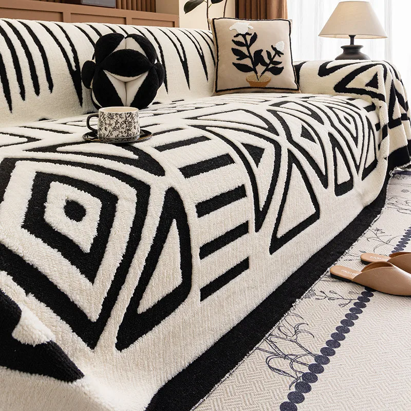 Geometrische Muster, verdickter Winter-Plüsch, warmer Sofabezug, langlebiges Couchkissen für Wohnzimmermöbel, staubdichte Decke