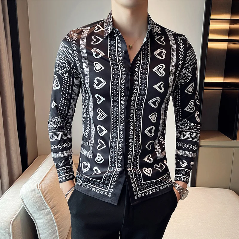 Fashion Trend Mens Print Shirt Dress Casual Single-Breasted Long Sleeve Brand Shirts Autumn Prom Party Camisa Social Masculina