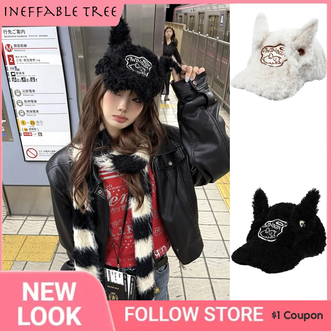 

Y2K Hot Girl Lamb Jeans Cute Rabbit Ears Furry Hats for Women Winter Hip Hop Caps Men Party Team Baseball Cap Casquette Homme