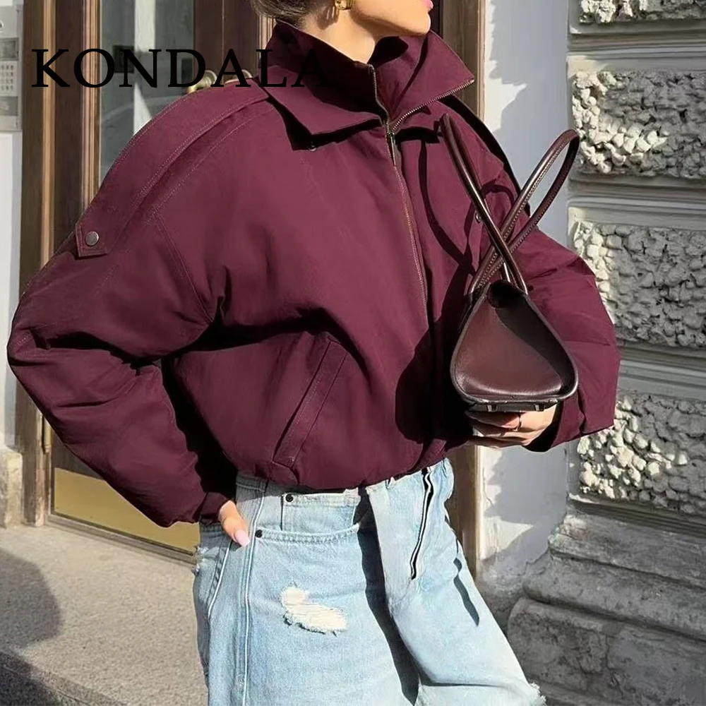 

KONDALA шикарная мода 2025 г., осенняя винтажная бордовая женская верхняя одежда с карманом на молнии, свободная повседневная куртка, шикарная красная женская куртка на пуговицах