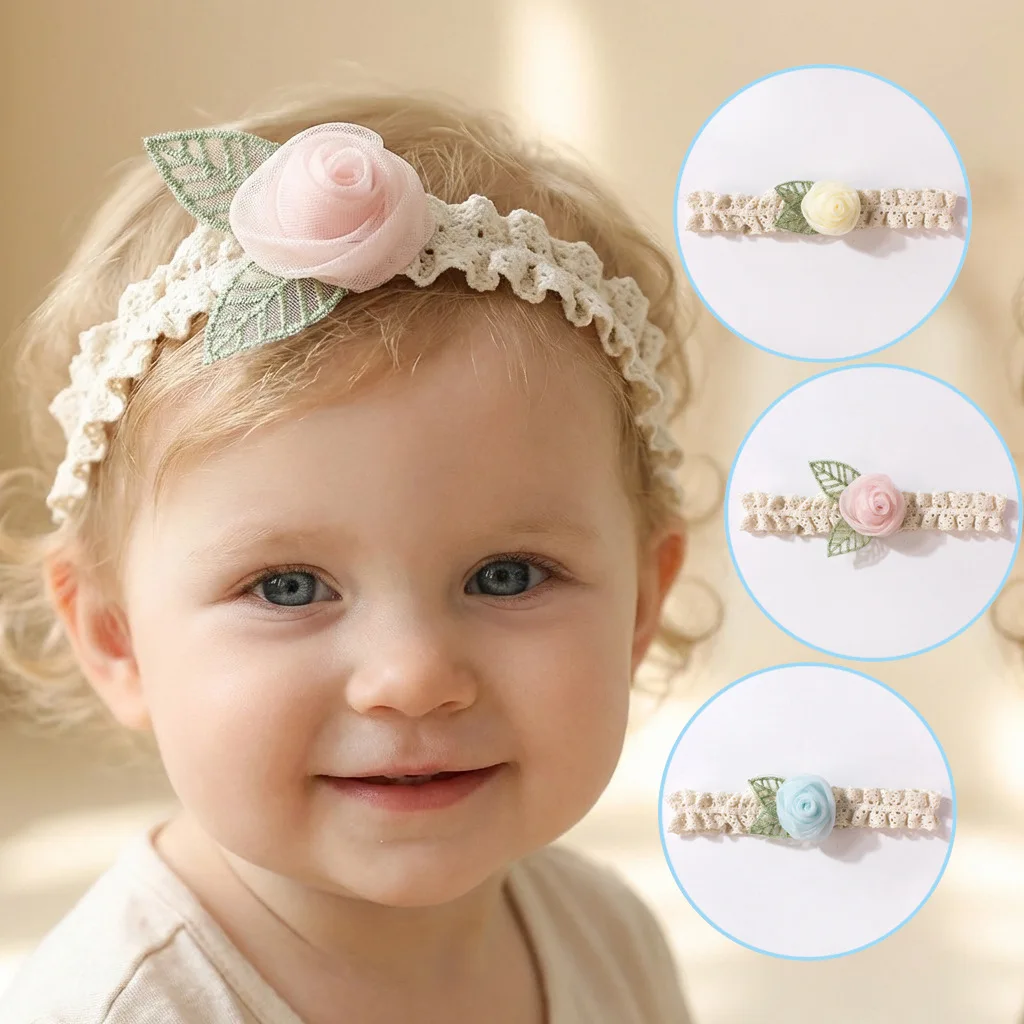 Elegant Hollow Lace Rose Baby Headband With Leaf Decor Stretch Newborn Hair Accessory For Wedding Party Photography Daily Outfit