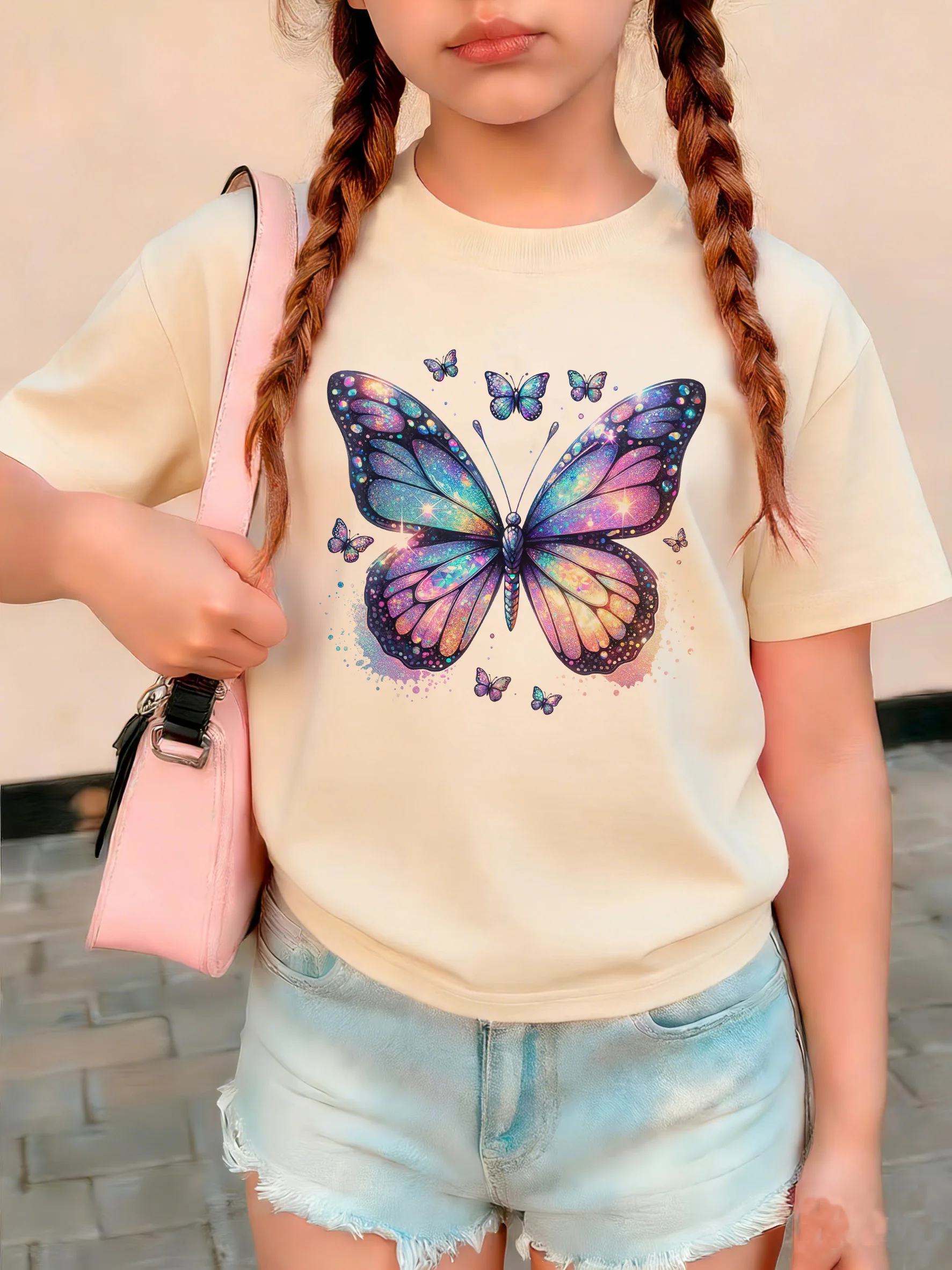 T-Shirt mit Retro-Schmetterlings-Design, bedrucktes T-Shirt, Sommerkleidung für Mädchen, kurzärmelige Oberteile, T-Shirts, süße Jungenkleidung
