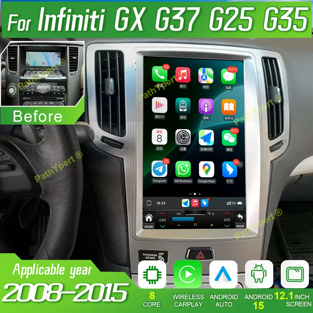 

Android 15 Carplay Screen For Infiniti GX G37 G25 G35 2008-2015 Car Multimedia Video Player Stereo GPS Navigation BT 4G+WiFi DSP