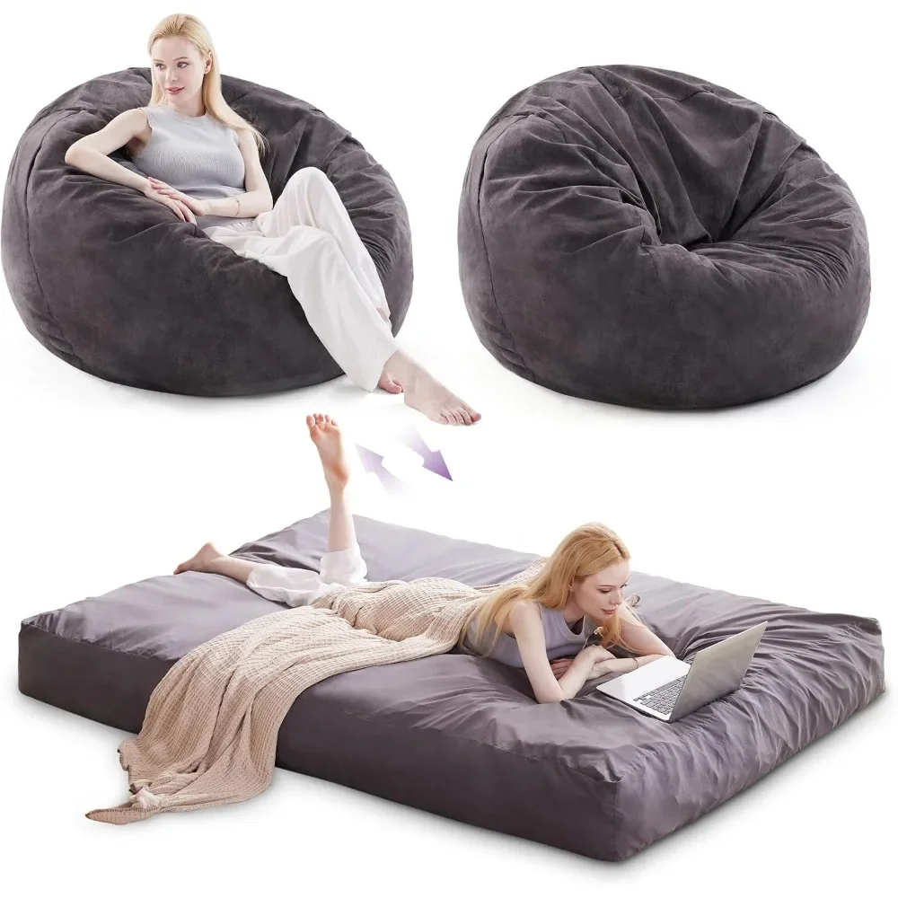 Large Bean Bag Chairs for Adults, Convertible Bean Bag Bed, Huge Bean Bag Couch Sofa Floor Bed Mattress, Foam Filler，Black Queen