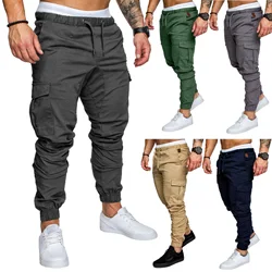 Moletom masculino com cordão de bolso múltiplo, calça cargo, jogger casual, calça esportiva fitness, monocromática, fina, cintura, moda, 2023