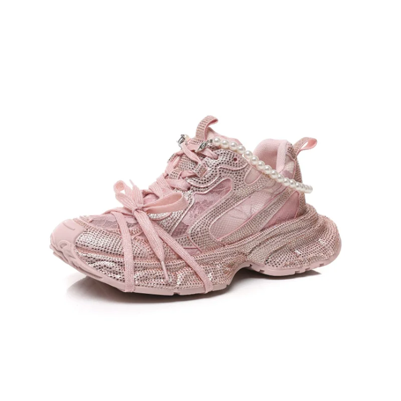 5cm Air Mesh Microfiber Leather Chunky Sneaker Lace-Up Ankle Boots Bling High Brand Comfy Booties Fashion Summer Shoes Women