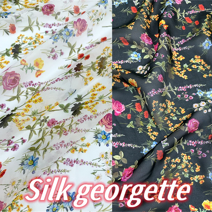 

Summer Slim Fashion Brand Floral Print 100% Silk Georgette Fabri High-end Hand Sewn Shirt Dress Mulberry Silk Fabric Costura