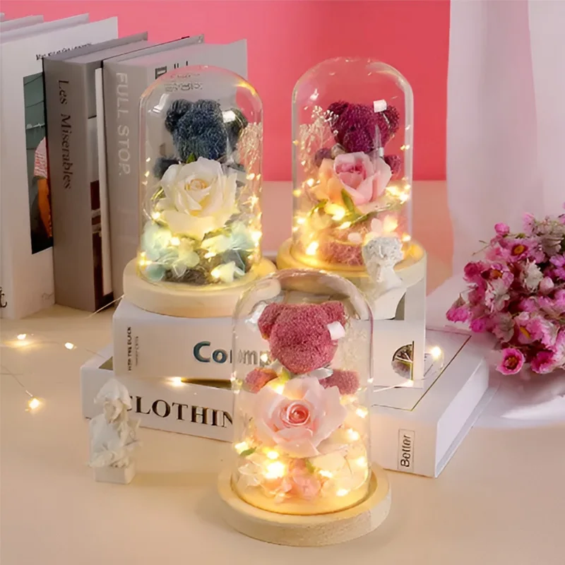 Eternal Flower Teddy Bear 2023 Wedding Teddy Bear Rose in Led Glass Flower Beauty & the Beast Rose light for Home New Year Gift