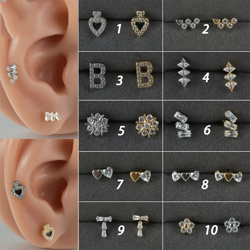 1PC ASTM F136 G23 Titanium Flower Zircon Earrings Stud Internal Thread Lip Studs Tragus Helix Cartilage Labret Piercing Jewelry