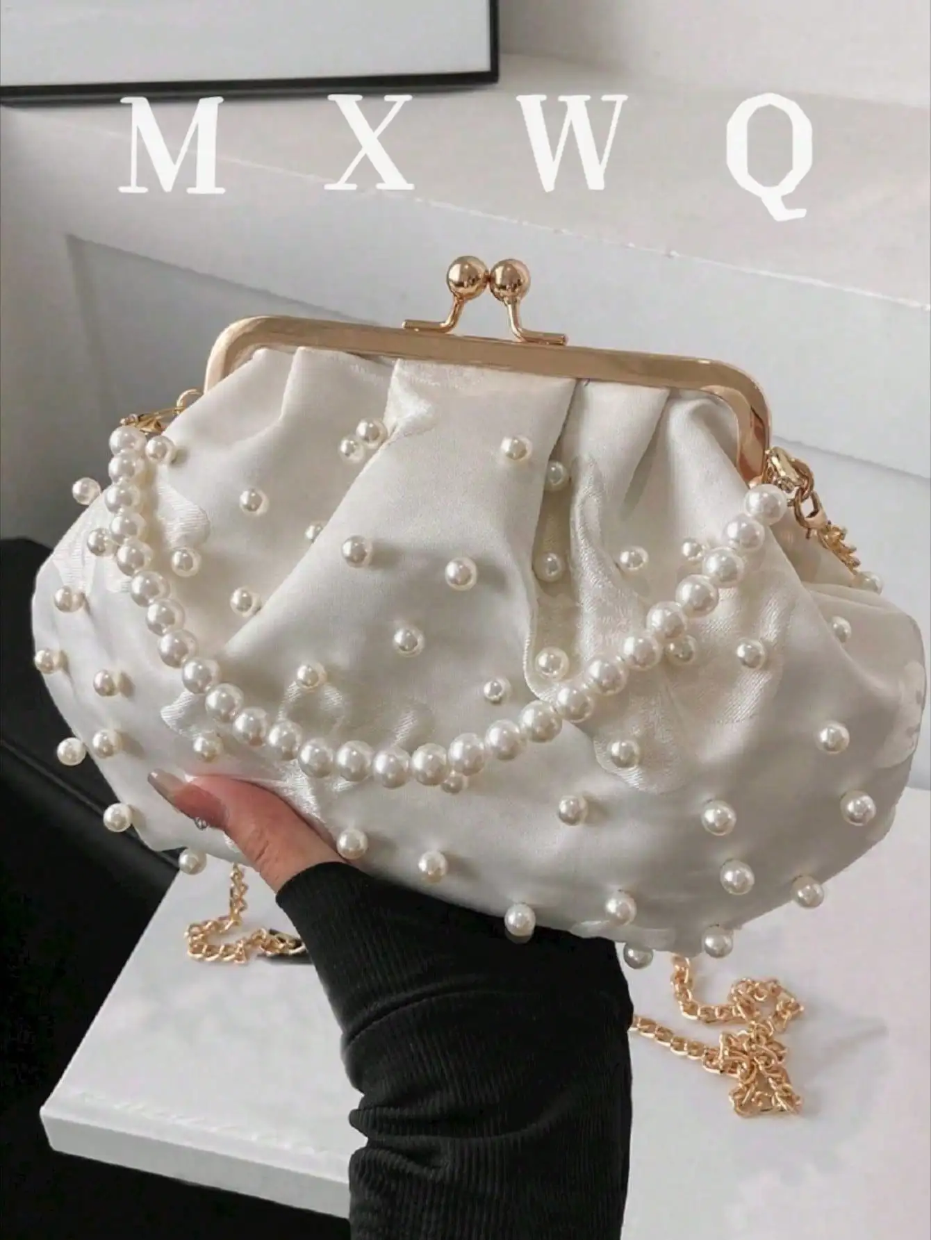 

Pearl-Embellished Satin Clutch with Gold Frame and Chain Strap