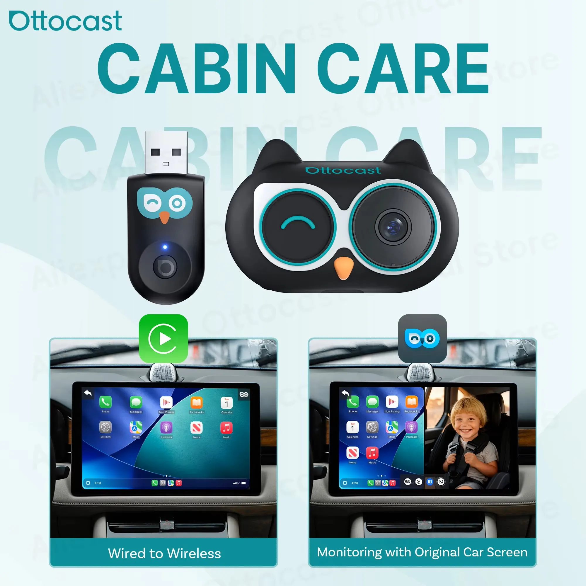 Ottocast Cabin Care Wireless CarPlay Adapter Baby Car Camera 1080P HD 150° Wide-angle Night Vision Backseat Monitor for 98% Car