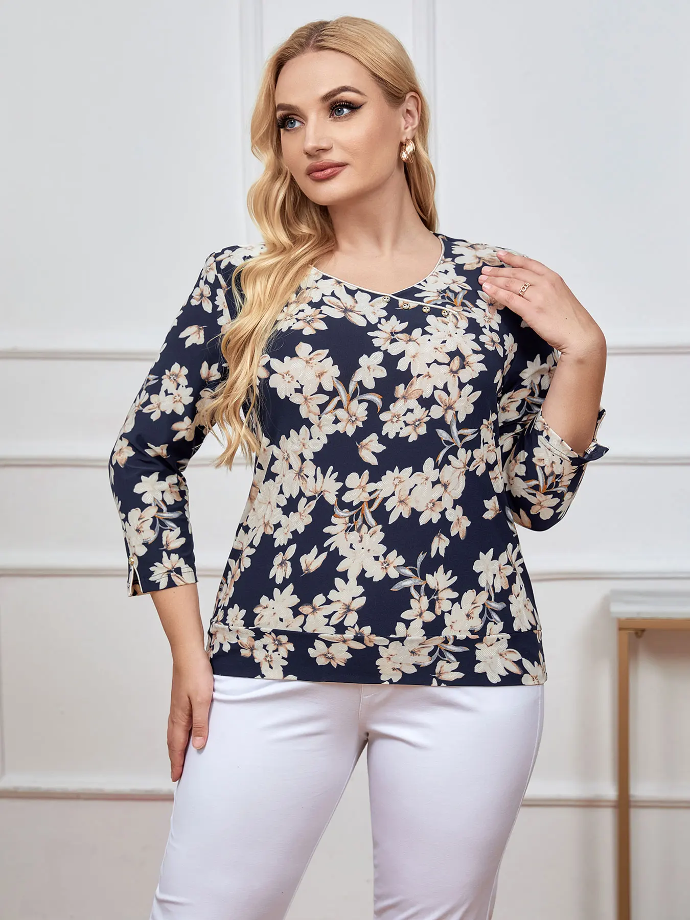 Moda damska Plus Size góra wiosna elegancki Top odpowiednia dla okrągłych damskich bawełnianych Top na co dzień