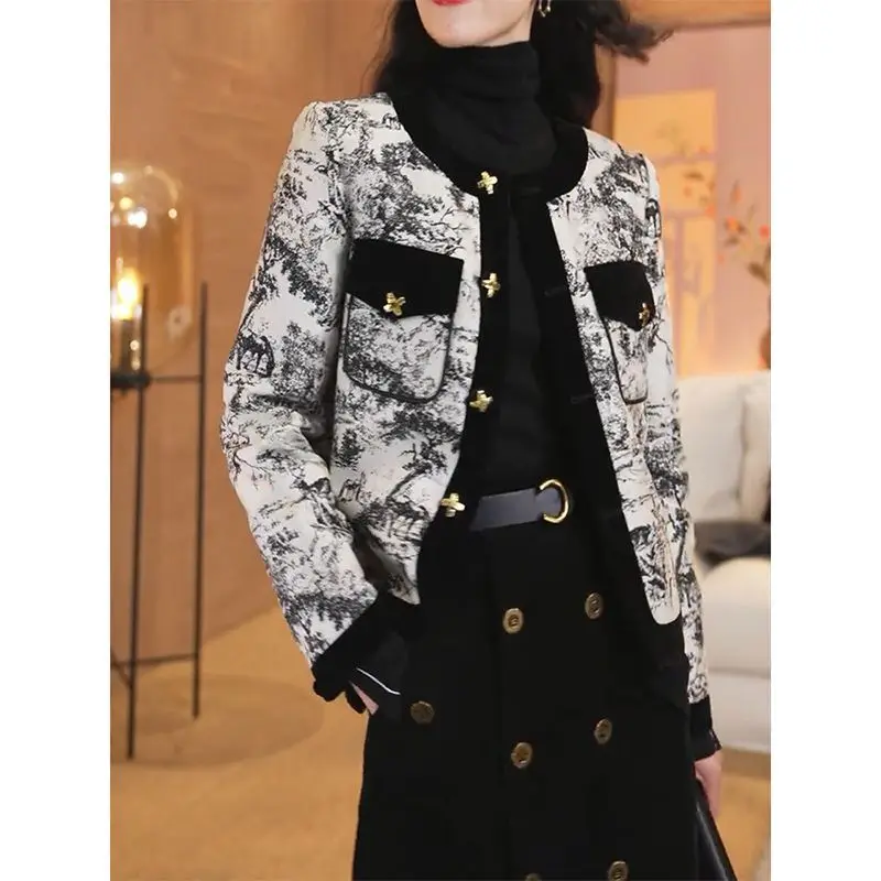 

2024 Autumn Winter New Sle ort Quilted Jaet Women's Long Sve Retro Chinese Watercolor Pattern Splicing Outerwear