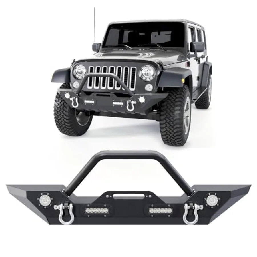 Front Bumper for 2007-2025 Wrangler Unlimited JL/JLU Gladiator JT 2007-2018 JK with Rock Crawler Winch Plate and 2x18W LED Ligh