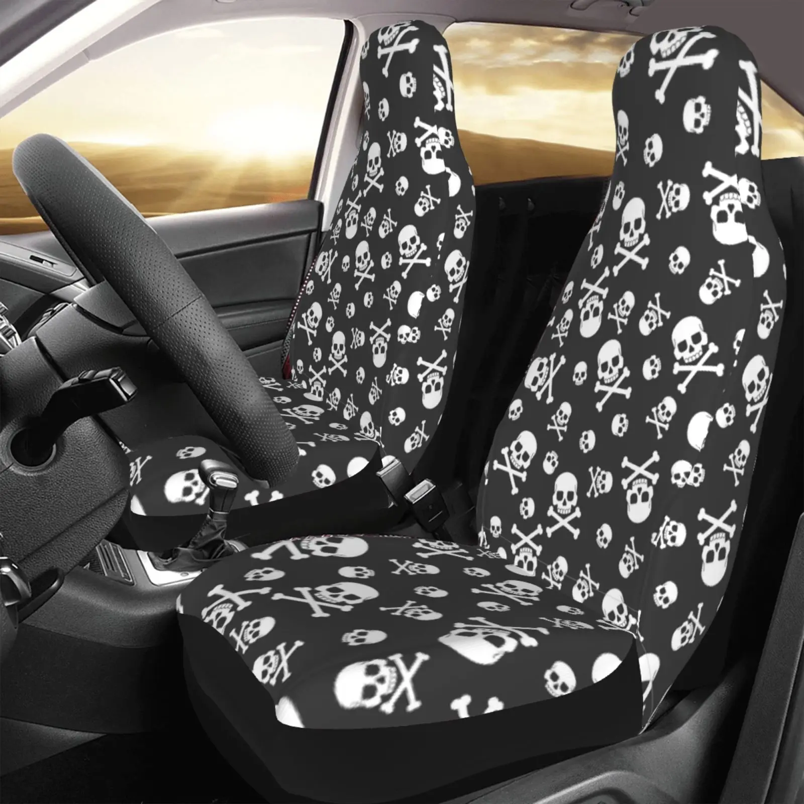 Halloween Skull Bones Printed Car Seat Cover - Horrible Style - Front Seat Set of 2 Car Seat Covers