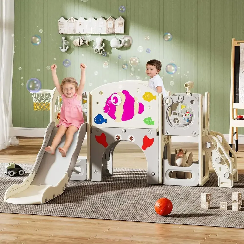

8-in-1 Toddler Slide & Playground, Indoor/Outdoor, Ages 1-3, with Climber, Basketball Hoop, Tunnel, Rose Pink