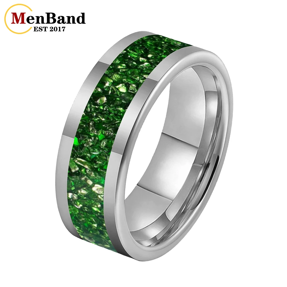 

MenBand New Arrivals 8MM Tungsten Wedding Band Ring Inlaid With Green Crystal Stone， Unisex Promise Ring with Custom Engraving