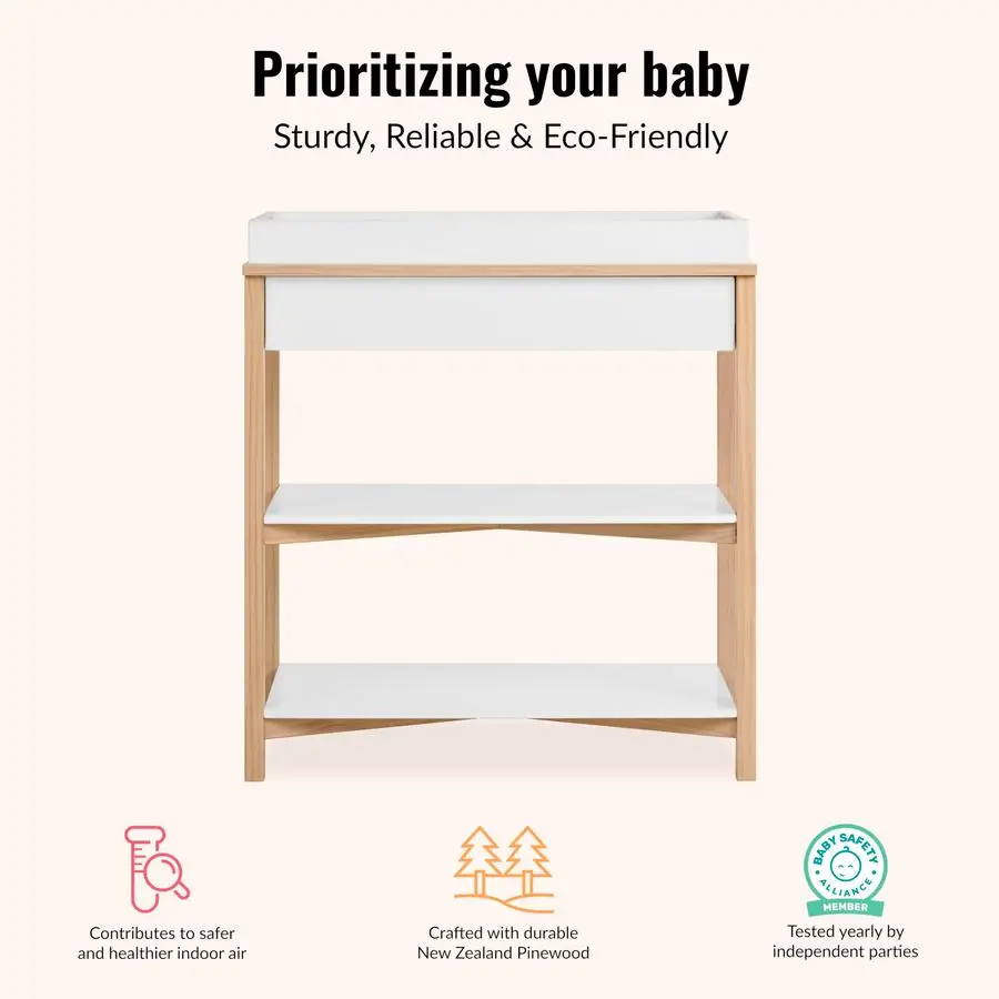 طاولة تغيير الأطفال On Me Owen، صينية تغيير قابلة للإزالة، درج تخزين علوي واسع، رفان مفتوحتان، دعامات أمان، JPMA Ce