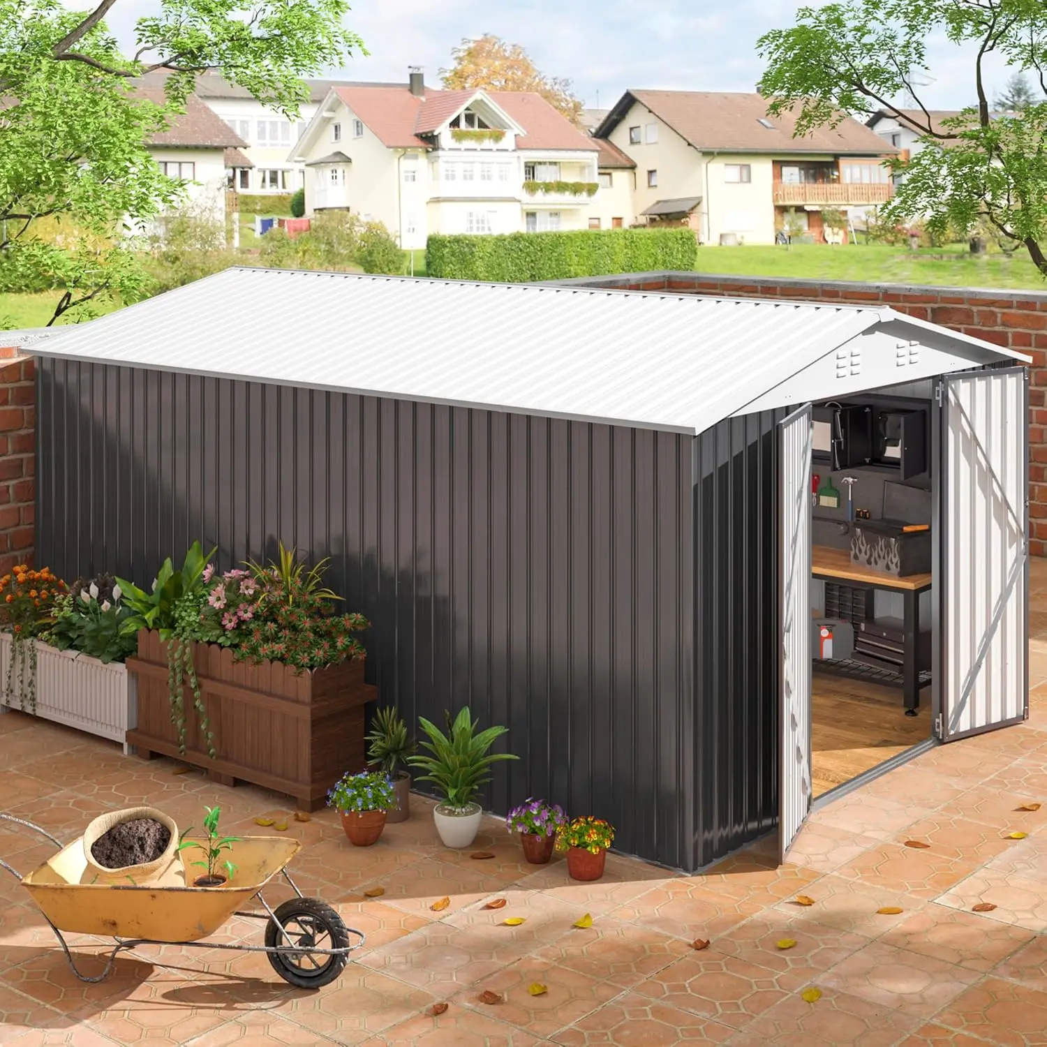 

Outdoor Storage Shed, Garden Shed with Updated Frame Structure and Lockable Doors, Metal Tool Sheds for Backyard Patio Lawn