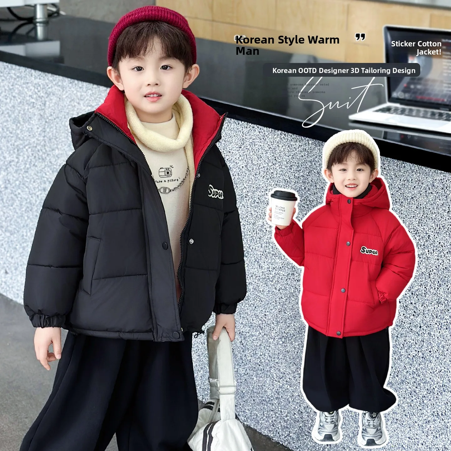

Thiened Warm Cotton Jaet for Boys Winter Clothes ort Bread Sle Coat with Hood Polyester Fiber Fill Teenage Faion