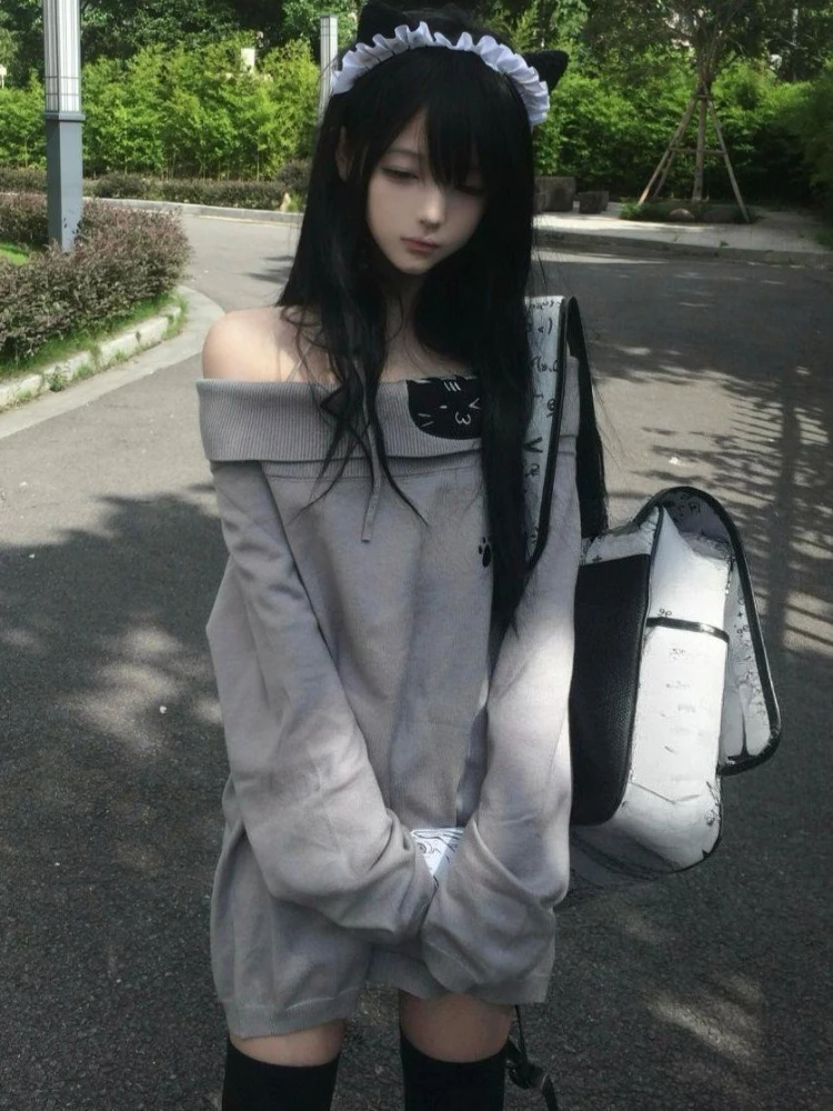 الأمريكية الرجعية لينة خارج الكتف Kawaii تي شيرت المرأة القط المطبوعة تصميم الرسن فضفاض Y2k قمة Harajuku الحلو شيك موضة الزي #3