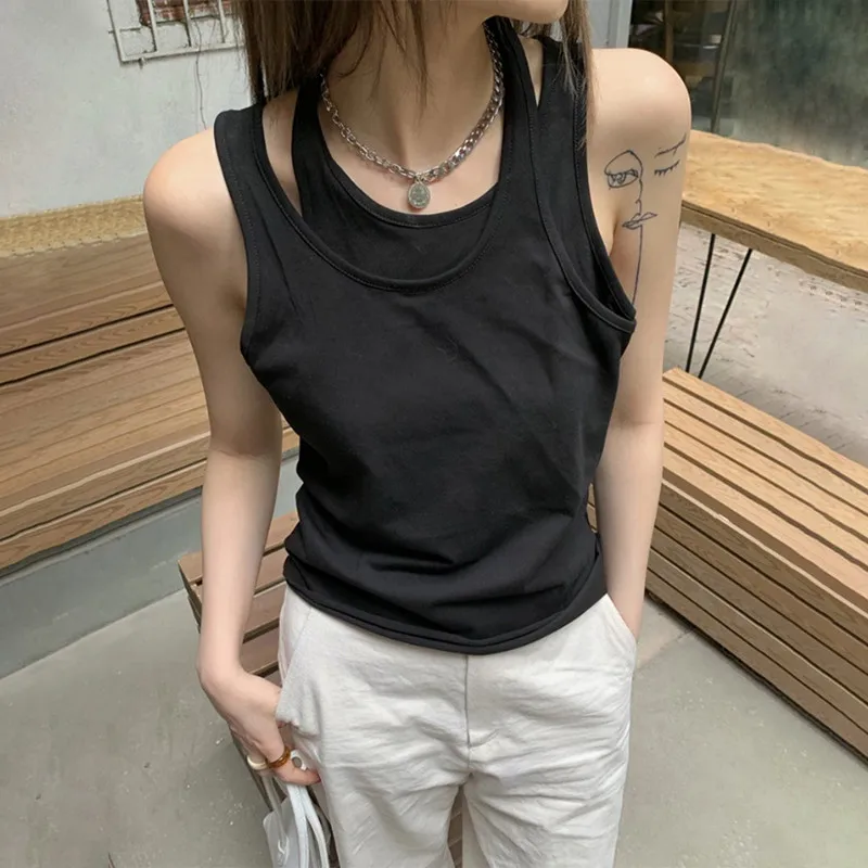 ECR Sexy Solid Casual Tank Tops For Women Round Neck Sleeveless Loose Asymmetrical Designer Vests Female 2024 Summer Clothes New