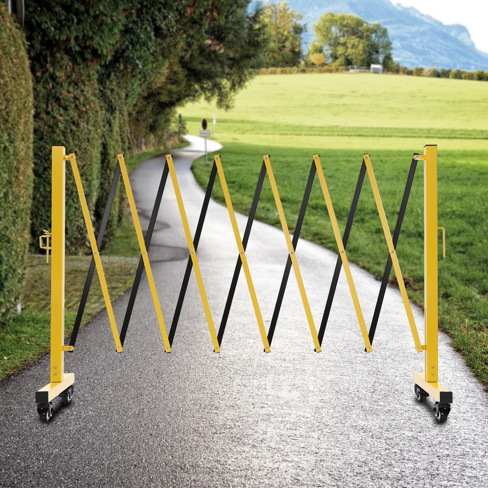 Durable Folding Security Gate with Aluminum Alloy & Iron, Expandable Design, 11.5*3.3ft Size, 4 Wheels, Easy Storage &