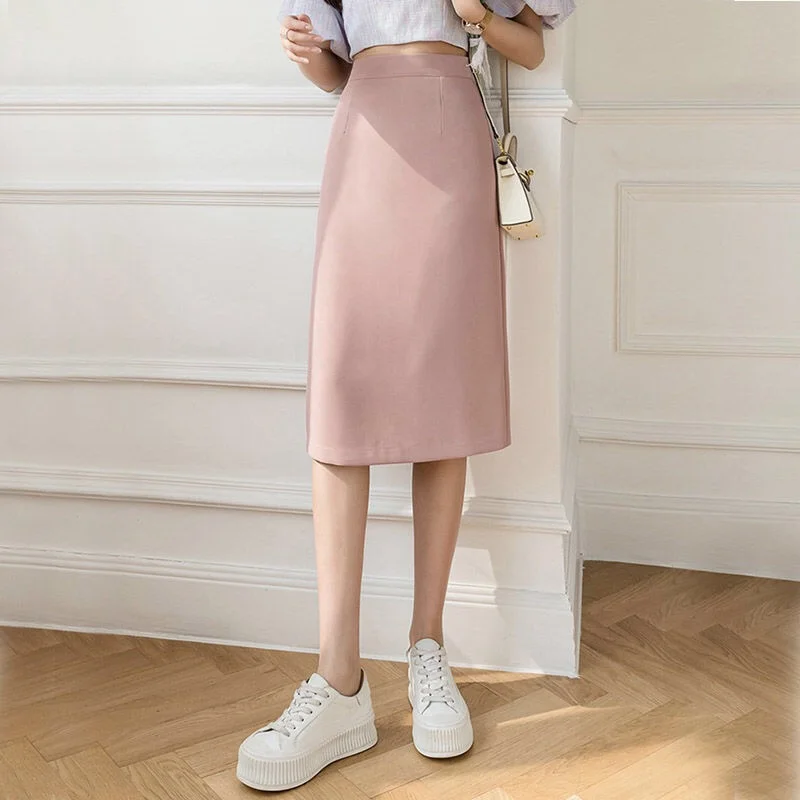 

Autumn Pink Skirts for Women Elegant Ladies A Line Zipper Back Elastic Brand Korean Fashion Luxury Midi Skirt Slit Streetwear