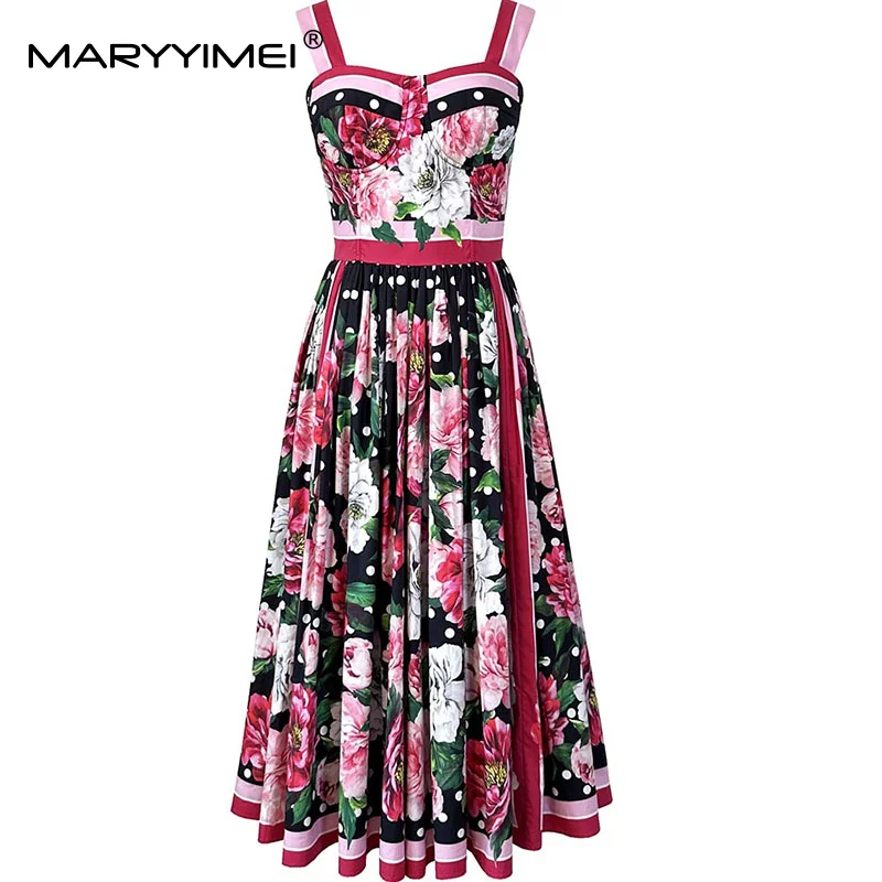 

MARYYIMEI Summer Casual Holiday Women Dress Spaghetti Strap Backless Floral-Print High Waist Cotton Short Dresses