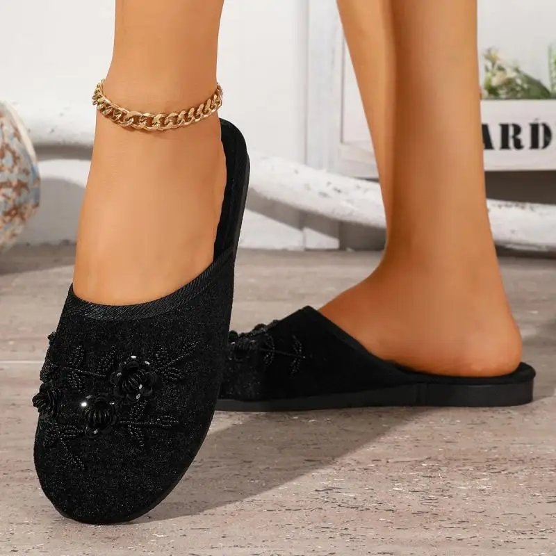 Bunte Pailletten-Blumen-Hausschuhe für Damen, Herbst, leichte, weiche Plüsch-Mules, warme Schlafzimmer-Slipper für Frauen – Detail 15