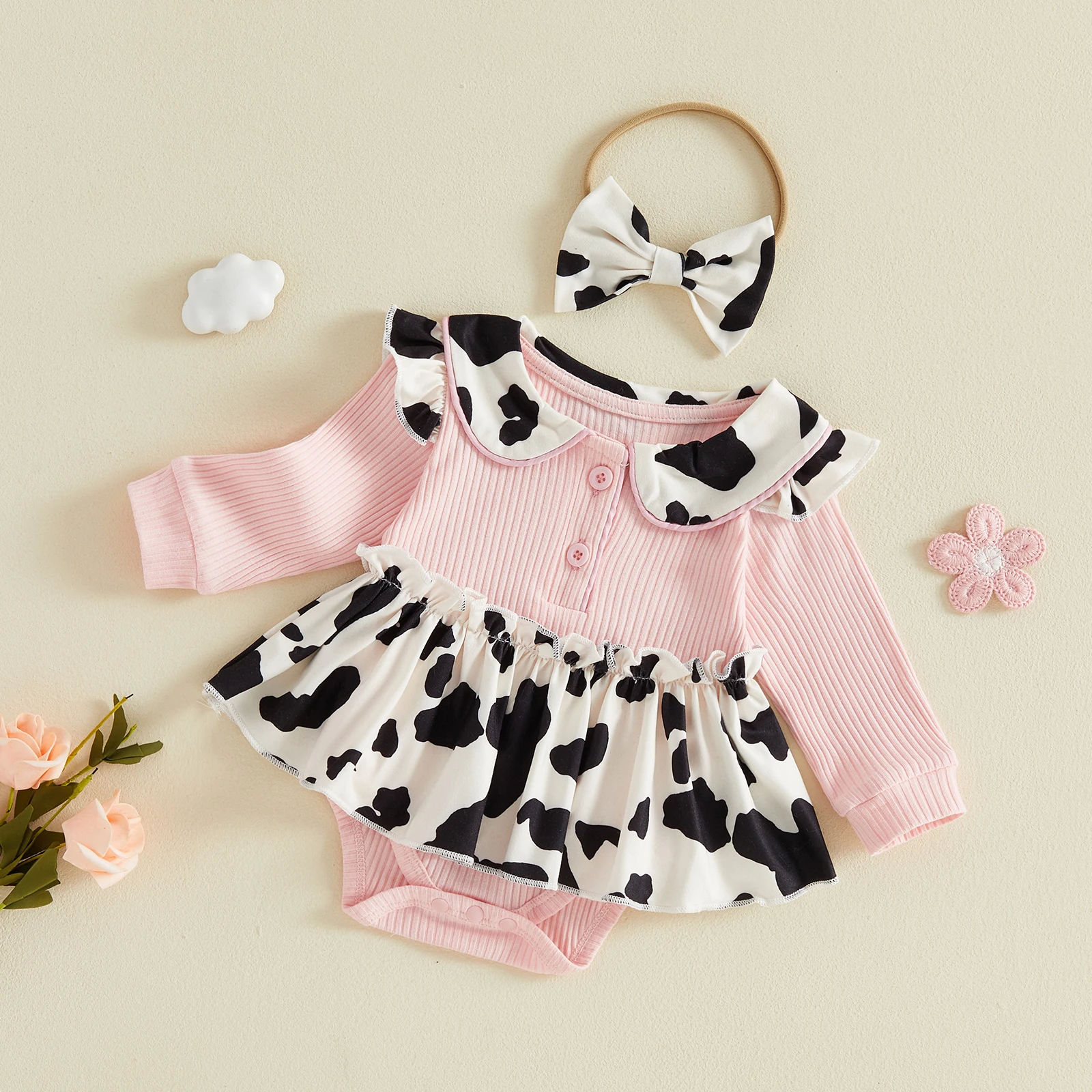 Tregren 0-18M Infant Girl Sweet Romper Dress Long Sleeve Doll Collar Skirt Bodysuit and Bow Headband 2pcs Sets