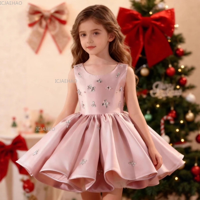 Girls Pink Princess Dress Children Christmas Birthday Party Gown for Kids Fashion Show Performance Pageant Formal Wear Costume